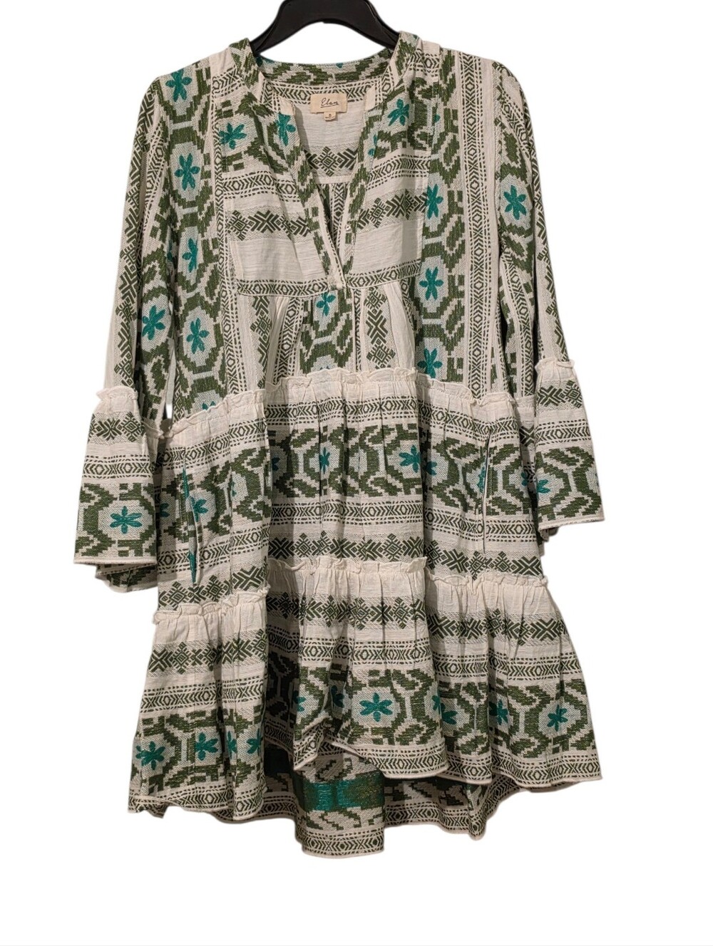 Elan White Olive and Green Printed Mini Dress